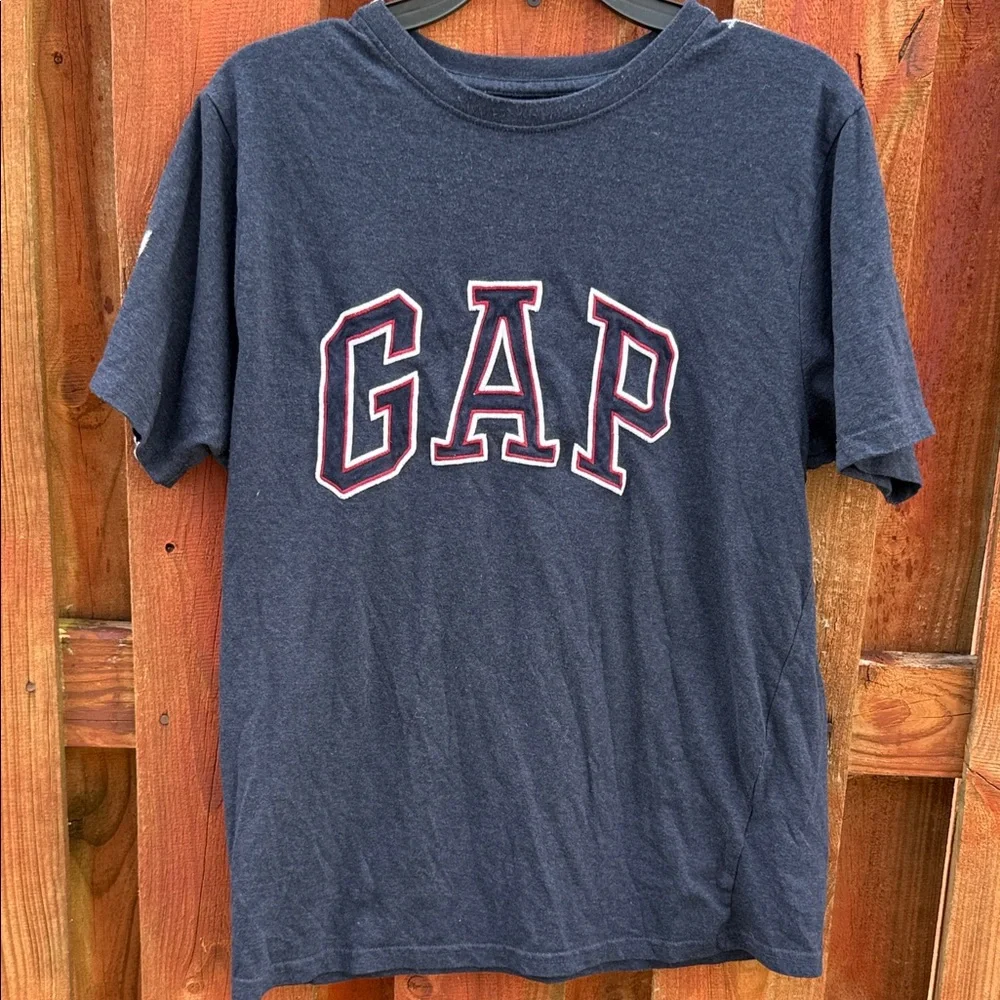 GAP Kids Boys Arch Logo Graphic Tee Heather Navy Blue Short Sleeve Shirt Size L